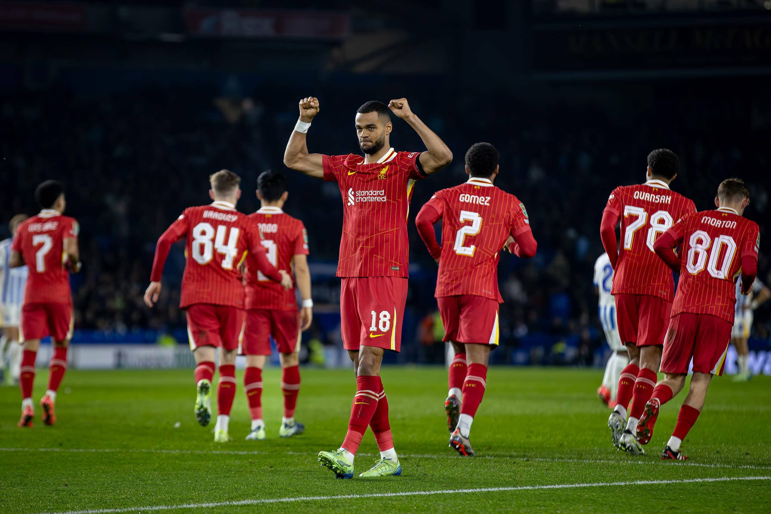 Brighton and Hove Albion v Liverpool EFL Cup 30/10/2024. GOAL 0-1 Liverpool forward Cody Gakpo (18) scores and celebrate