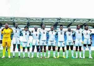 Nigeria's Female Football Team, The Super Falcons, in their white jersey lining up for their match against Algeria