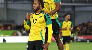 Jamaica Football Player Celebrating a goal to Defeat Trinidad & Tobago in The 2025 Unity Cup