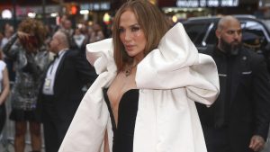 Jennifer Lopez attends the "Good Night, and Good Luck" Broadway opening night at the Winter Garden Theatre on Thursday, April 3, 2025, in New York. (Photo by Andy Kropa/Invision/AP)